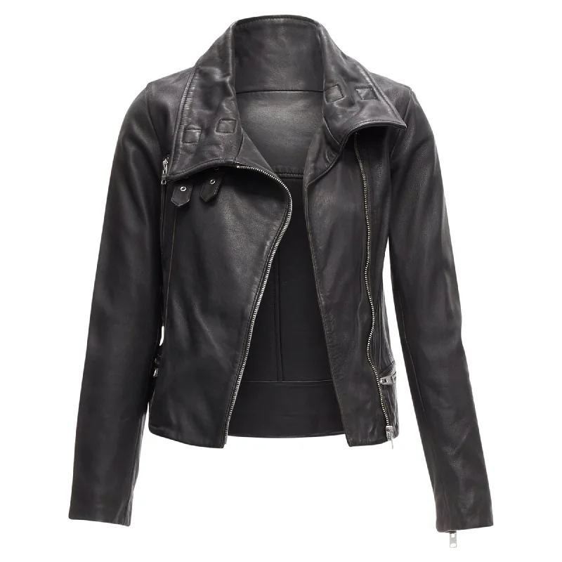 All Saints Bales lamb leather buckles funnel collar biker jacket