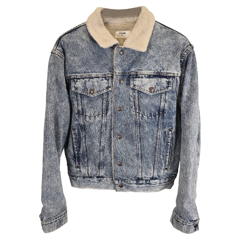 Celine Oversized Shearling-Lined Bleached Denim Jacket in Light Blue Cotton