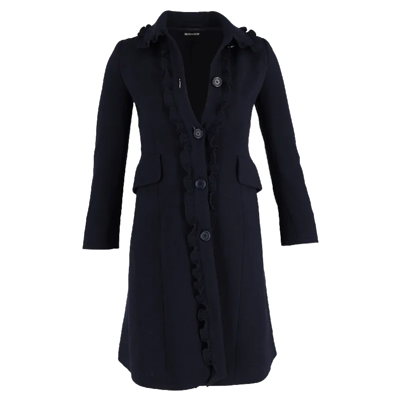 Miu Miu Ruffle Detail Coat in Navy Blue Wool