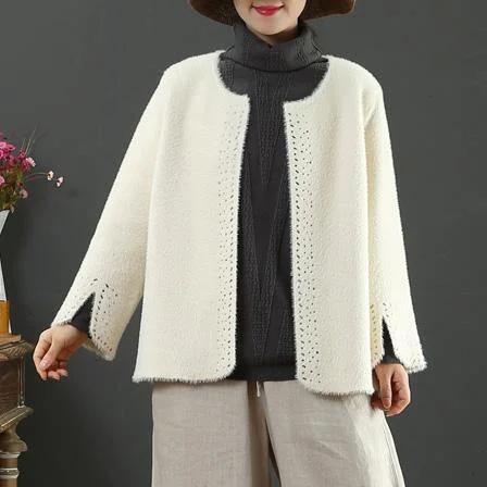 New white Woolen Coat Women Loose fitting medium length coat side open sleeve o neck coats