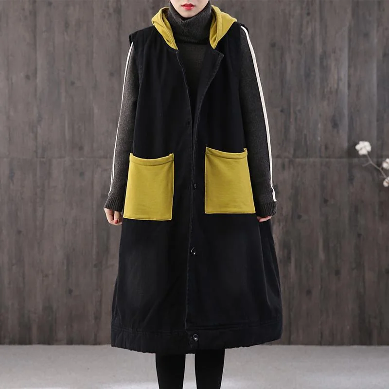 New yellow women parka trendy plus size jacket hooded pockets sleeveless coats