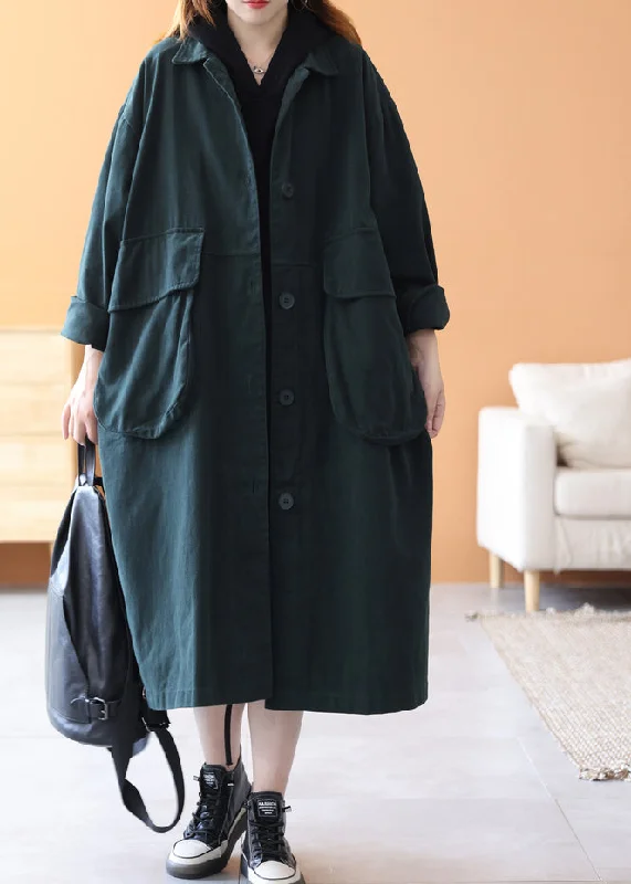 Novelty Blackish Green Peter Pan Collar Pockets Cotton Trench Coats Long Sleeve