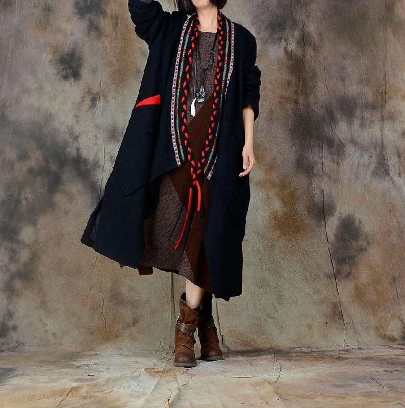 Omychic Autumn winter Retro Woollen Coat blends Outwear Vintage Overcoat Loose Long Coat Ladies Patchwork Trench