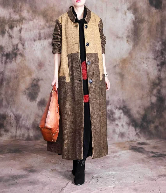 Omychic Winter Fashion Stand Collar Patchwork Long Coat Ladies