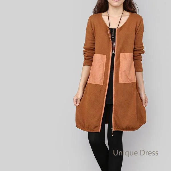 Orange PU patchwork women knit coat cardigan