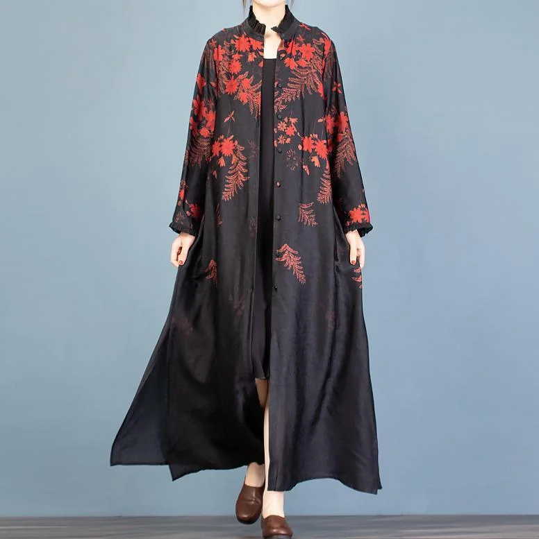 Organic black print top quality Long coats pattern stand collar side open cardigan