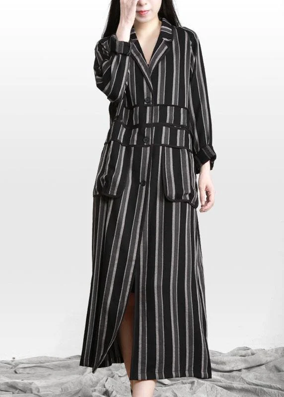 Organic Black Striped Button Peter Pan Collar Fall Long Coat