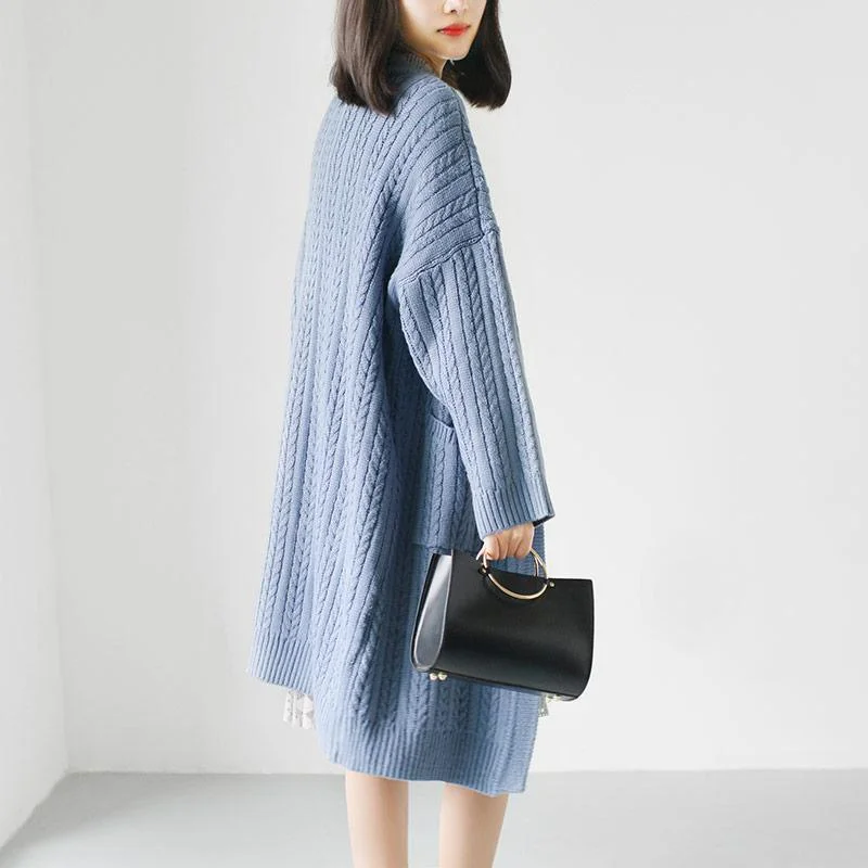 Pale blue knit coats long sweaters plus size casual outwear