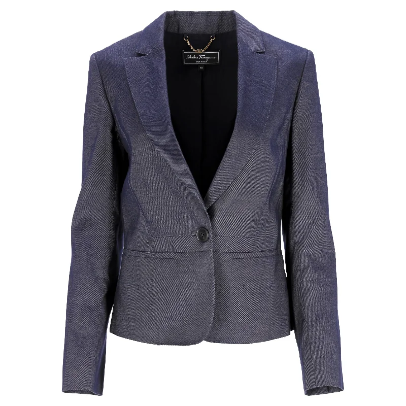 Salvatore Ferragamo Single-Breasted Peplum Blazer in Navy Blue Cotton