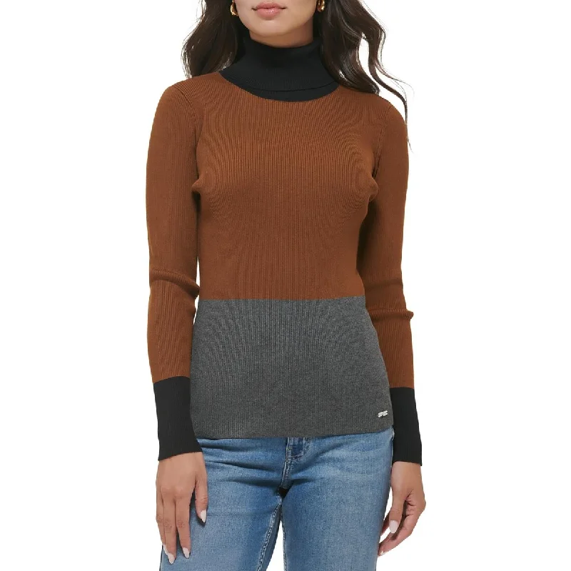 Calvin Klein Womens Colorblock Ribbed Turtleneck Sweater