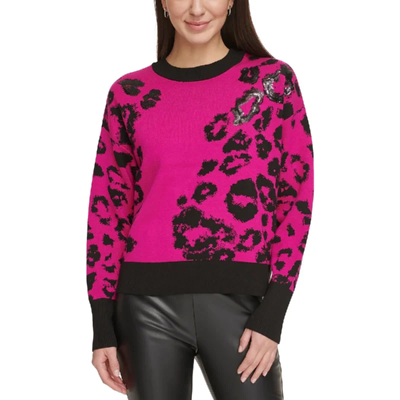 DKNY Womens Sequined Printed Pullover Sweater