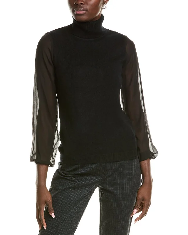 sofiacashmere Chiffon Silk Sleeve Turtleneck Cashmere Sweater