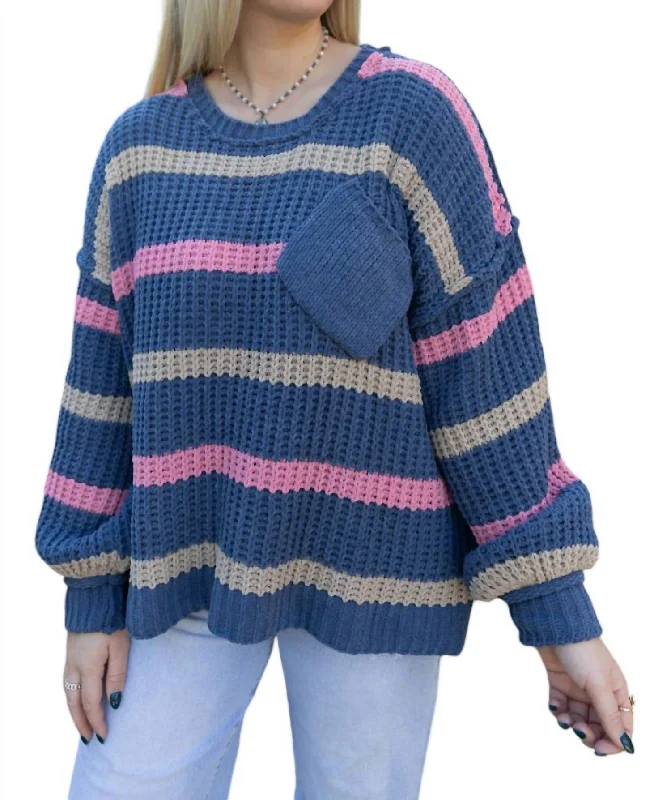 Striped Over The Shoulder Sweater In Blue