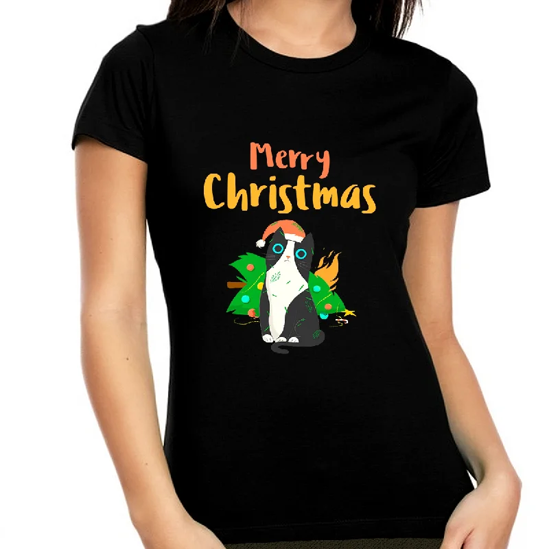 Funny Cat Christmas Tree Cat Shirt Christmas PJs Funny Christmas Pajamas for Women Funny Christmas Shirt