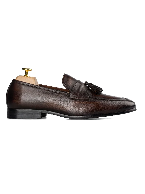 Tassel Loafer Wing Strap - Dark Brown (Hand Painted Patina)