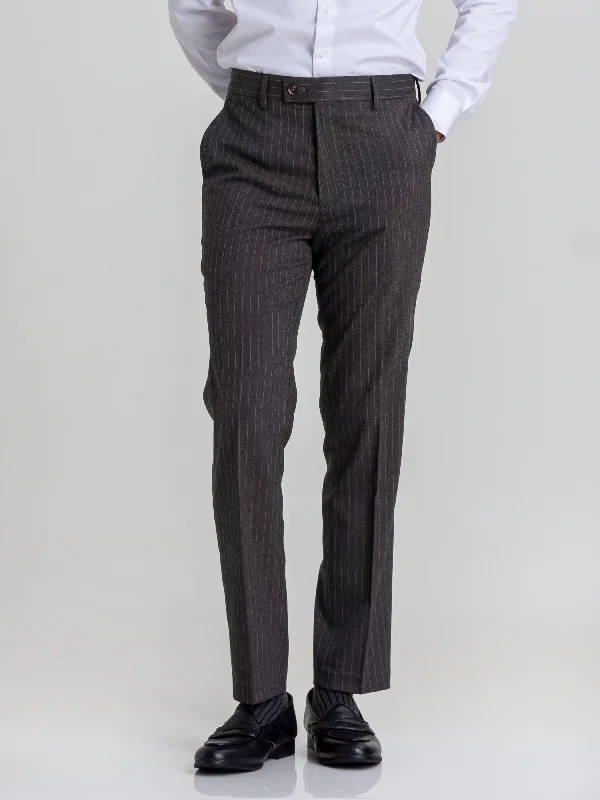 Trousers With Belt Loop - Dark Grey With Brown Stripes (Stretchable)