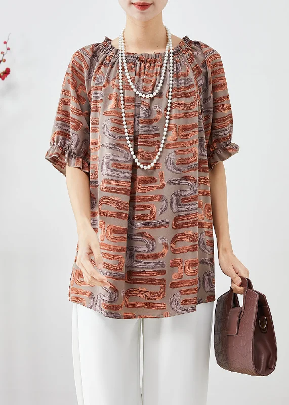 Beautiful Khaki Oversized Print Chiffon Blouse Tops Summer