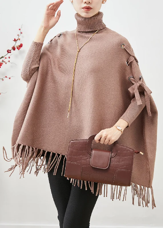 Chic Khaki High Neck Oversized Tasseled Knitted Tops Batwing Sleeve