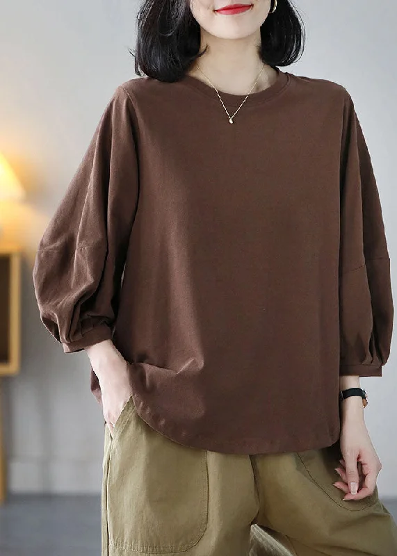 Italian Coffee O-Neck Oversized Cotton Blouse Top Bracelet Sleeve