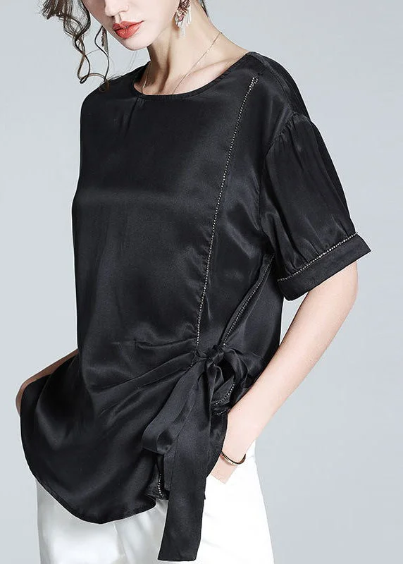 Plus Size Black O-Neck Drawstring Tie Waist Silk T Shirt Summer