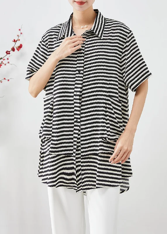 Plus Size Black Striped Patchwork Pockets Chiffon Blouse Tops Summer