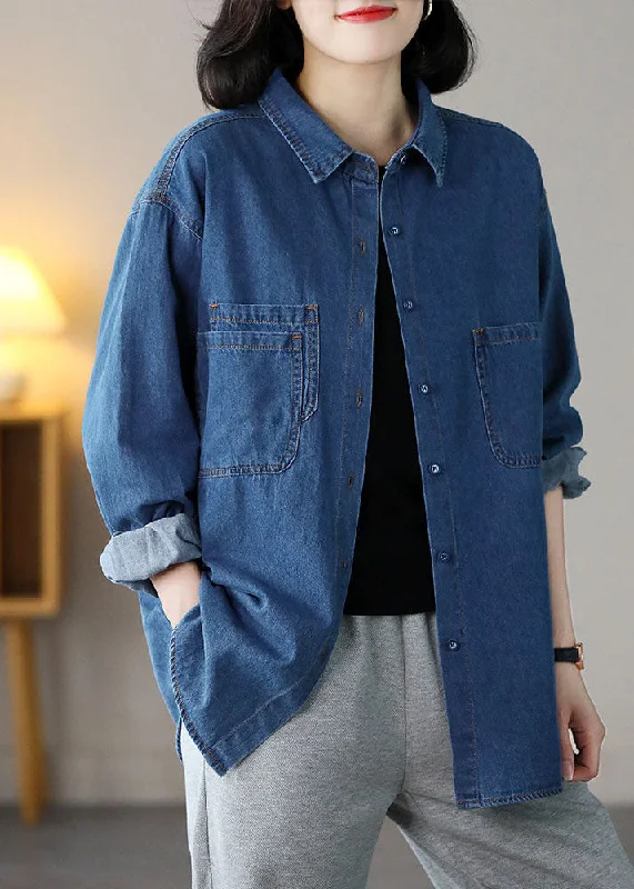 Plus Size Blue Peter Pan Collar Pockets Cotton Denim Shirts Spring