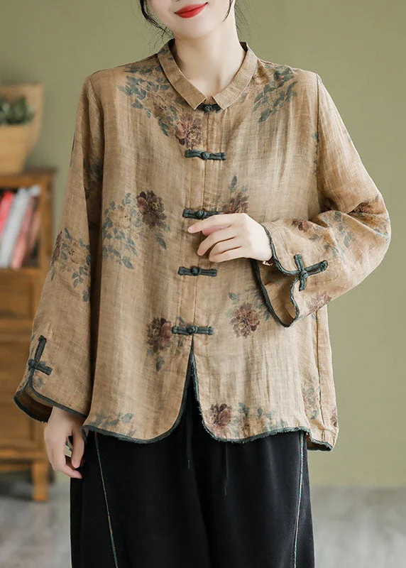 Plus Size Coffee Peter Pan Collar Print Button Shirt Fall