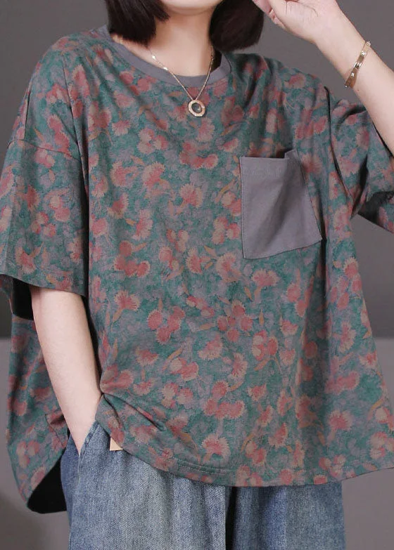 Plus Size Floral O Neck Pockets Patchwork Cotton T Shirt Top Summer