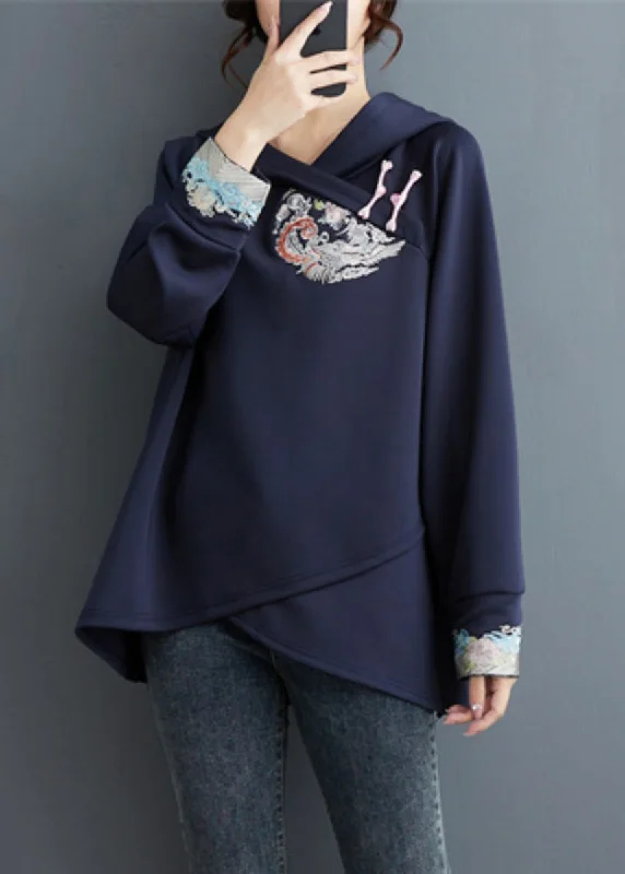 Plus Size Navy Embroideried Patchwork Cotton Sweatshirt Tops Spring