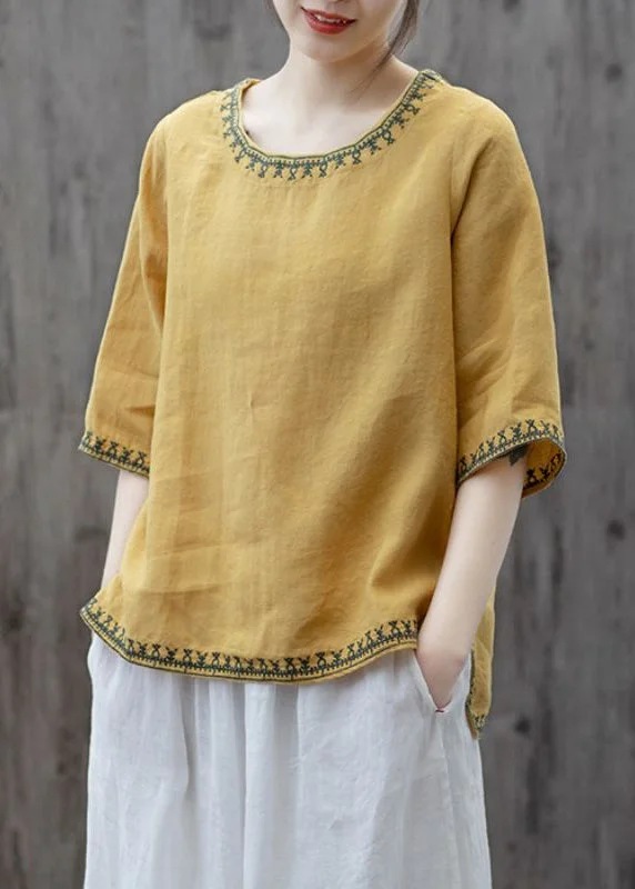 Plus Size Yellow O Neck Embroideried Patchwork Cotton T Shirts Summer