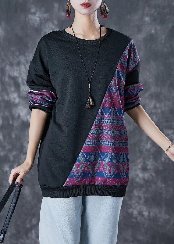 Stylish Black Oversized Patchwork Cotton Sweatshirt Streetwear Fall