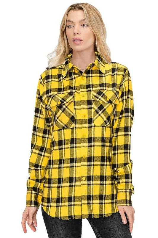 Boyfriend Fit Shirt Checker Plaid Flannel Long Sleeve