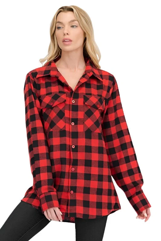 Boyfriend Fit Shirts Checker Plaid Flannel Long Sleeve