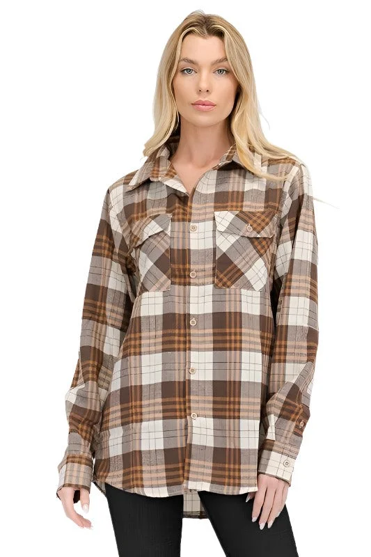 Women's Boyfriend Fit Checker Plaid Flannel Long Sleeve