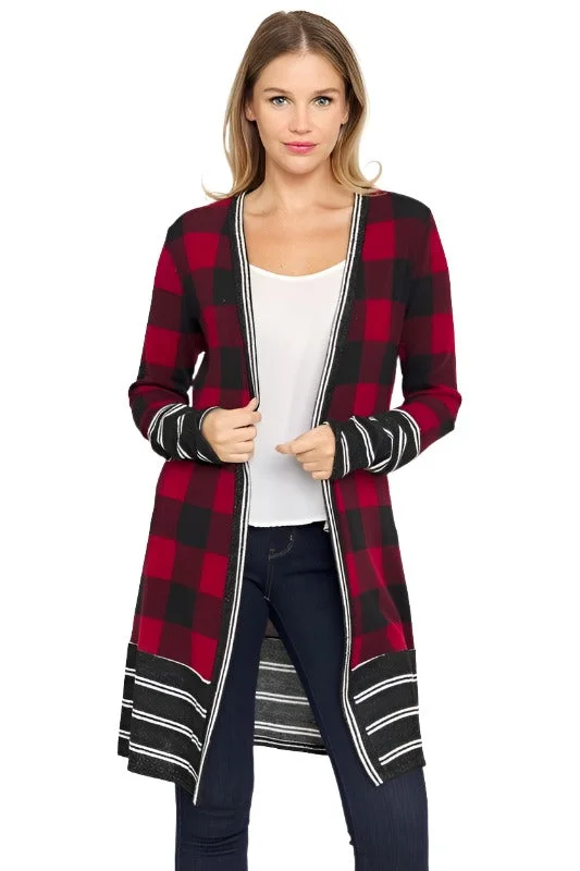 Long Buffalo Plaid Stripe Trim Open Cardigan