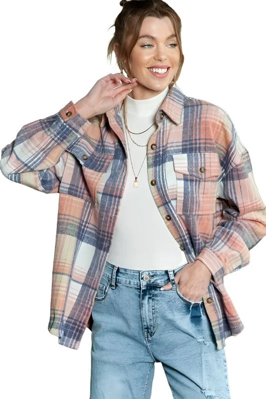 Pink cream plaid checker button shacket shirt