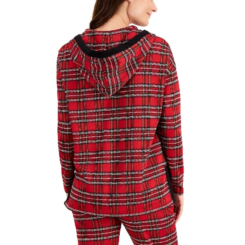 Tommy Hilfiger Women's Drawstring Plaid Zip Hoodie Red Size Large