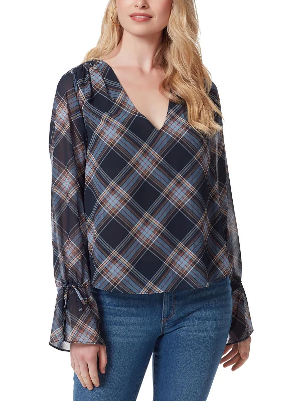 Aurora Womens Plaid V-Neck Pullover Top