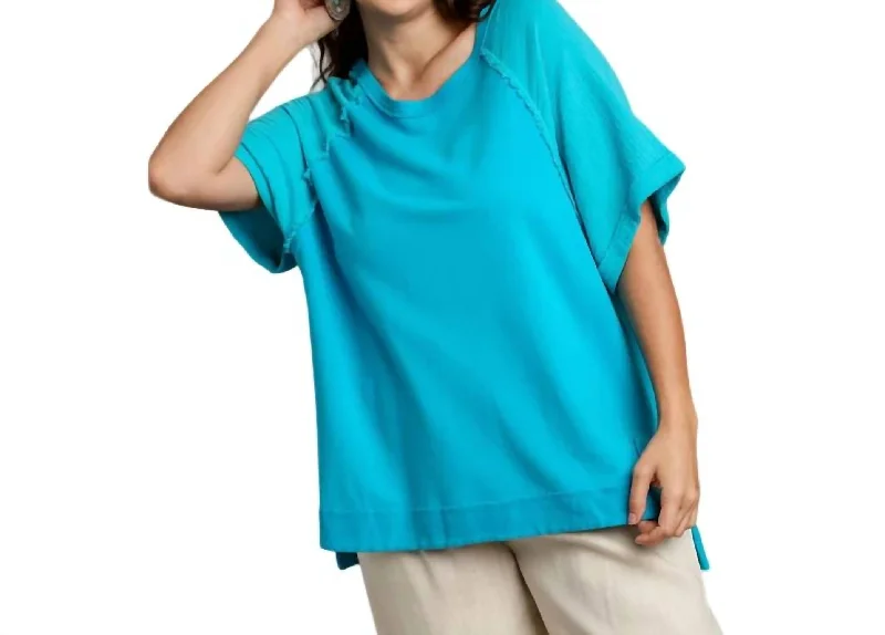 Cotton Gauze & French Terry Pullover Top - Plus In Aqua