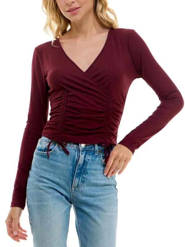 Juniors Womens V-Neck Drawstring Top Pullover Top