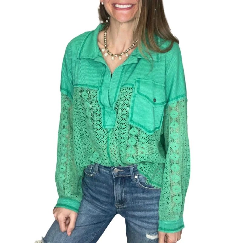 Lace And Crochet Pullover Shirt In Jungle Green