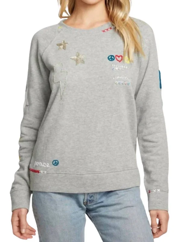 Peace Fleece Long Sleeve Pullover Top In Grey