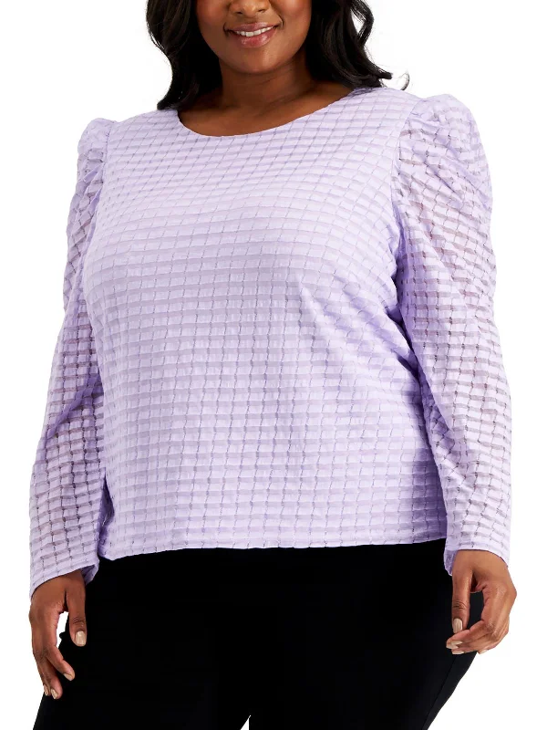 Plus Womens Checkered Puff Shoulder Pullover Top