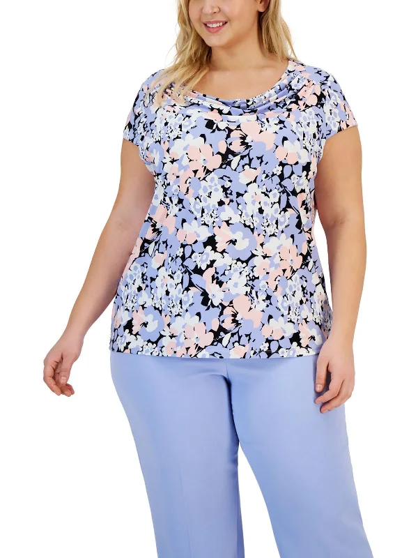 Plus Womens Floral Print Cow Neck Pullover Top