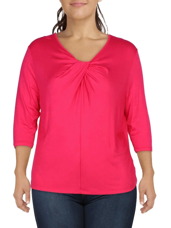 Plus Womens Knot-Front V-Neck Pullover Top