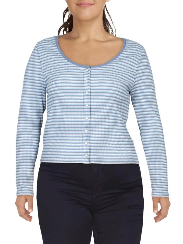 Plus Womens Striped Snap Button Front Pullover Top