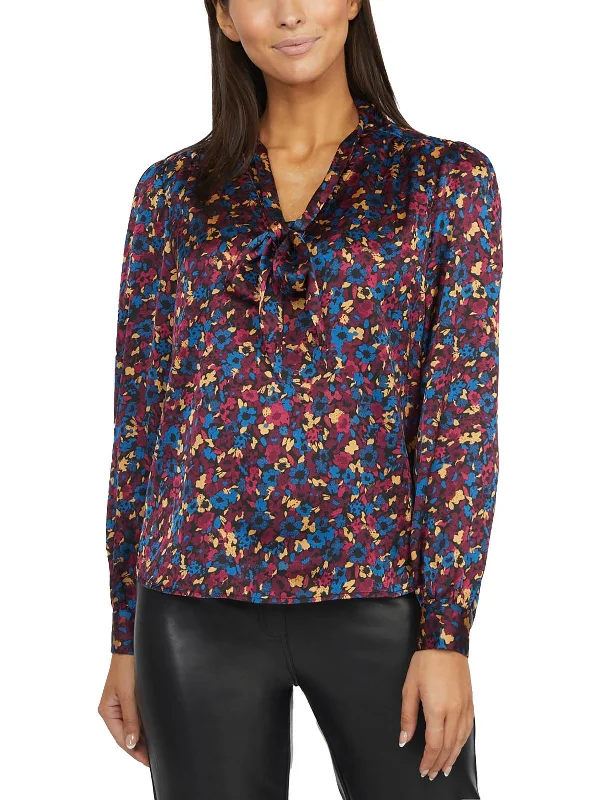 Plus Womens Tie Neck Floral Print Pullover Top