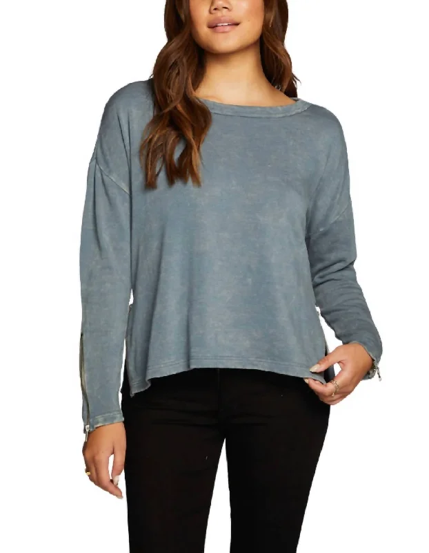 Slub French Terry Long Sleeve Open Neck Pullover With Zippers In Denim Mineral Wash