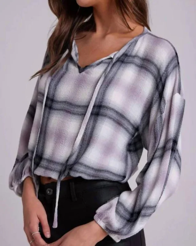 Tie Up Pullover Top In Mauve Rose Plaid