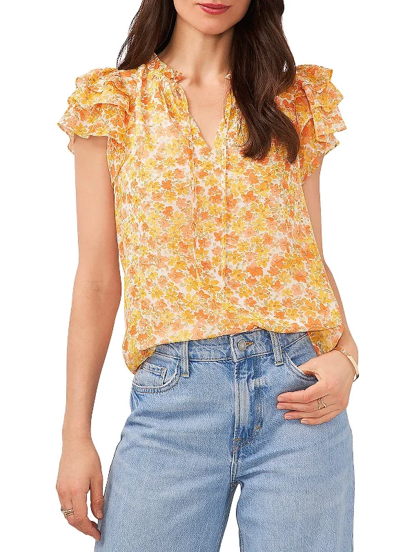 Womens Floral Flutter Sleeve Pullover Top